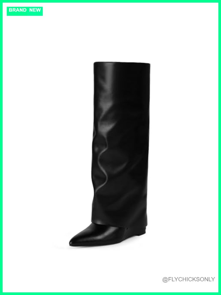 Knee High Fold Over Boots Wedge Heel Slouchy Tall Boots Zipper Pointed Toe